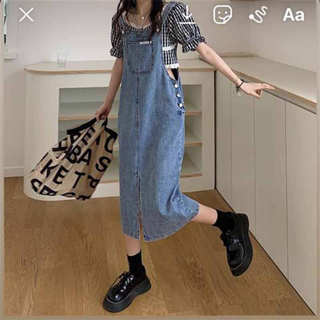 여성 여름 멜빵 롱 스커트 기질 슬림핏 데님 롱원피스 캐주얼 여자 멜빵 원피스 LCL