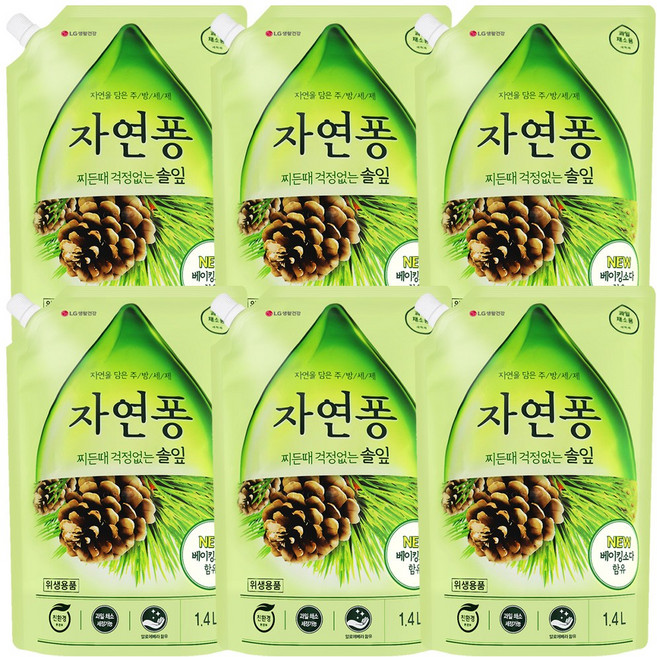 자연퐁 찌든때 걱정없는 솔잎 주방세제 파우치형, 1.4L, 6개