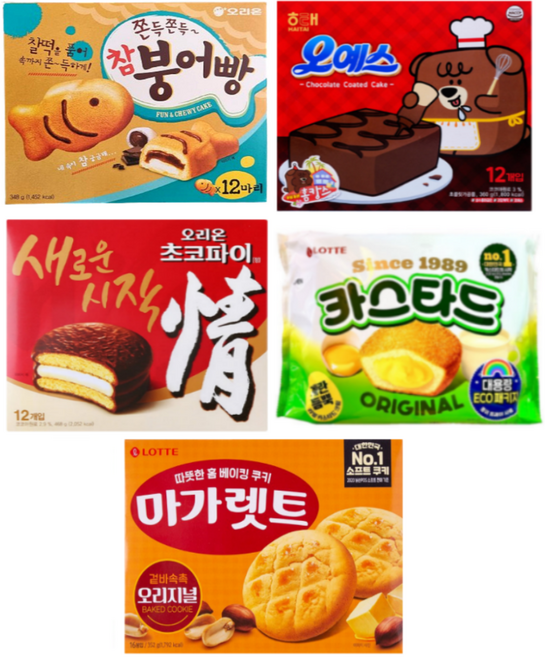 파이 5종 (오리온초코파이468g 1개+붕어빵174g 1개+롯데카스타드230g 1개+마가렛트352g 1개+오예스360g 1개), 1세트