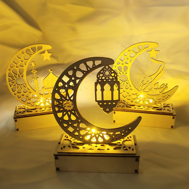 나무 공예 창조적 인 Eid al-Fitr 라마단 달 중공 편지 LED 조명 장식, 문 팰리스 모델