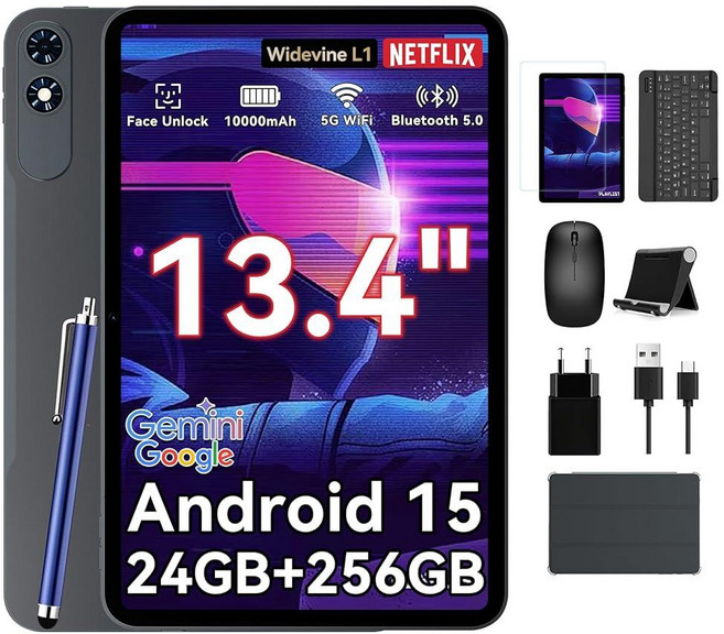 13인치 대형 태블릿 Gemini AI가 있는 안드로이드 15 태블릿 24GB RAM+256GB ROM 120Hz 옥타 코어 10000mAh 고속 충전 WiFi6, 13인치 대형 태블릿, Gemini AI가 있는 안드로