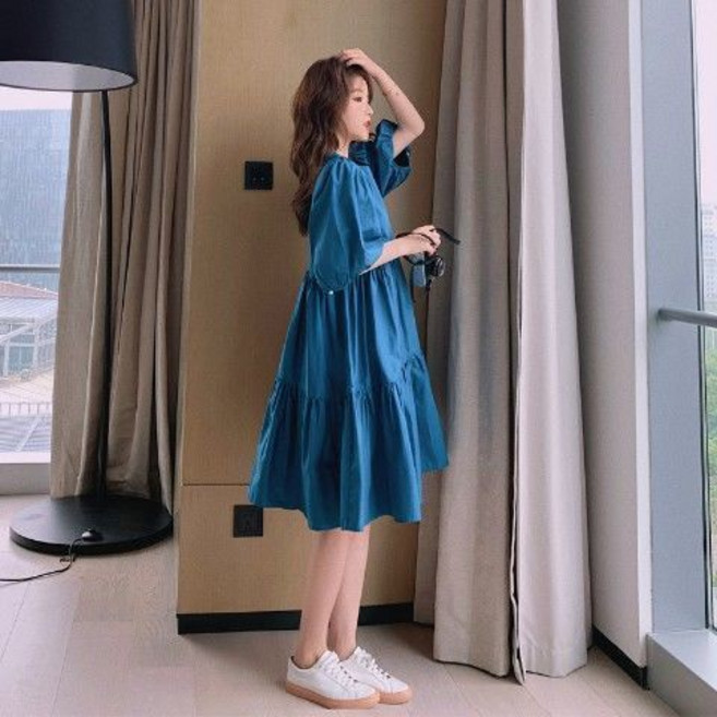 女裝大尺碼 顯瘦洋裝 短袖 寬鬆 遮肚 洋氣 甜美 桔梗裙 中長裙, 藍色,XL 【建議120-130斤】
