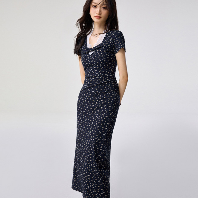 엘에프제트 여성 슬림핏 레이스 V넥 원피스 꽃무늬 반팔 롱원피스 26316