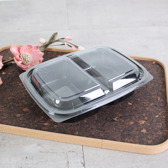 A-21-1 2칸 흑색 세트 일회용 사각 반찬 샐러드 다용도 배달 포장용기 [용기+뚜껑 400세트], 400개, 1개