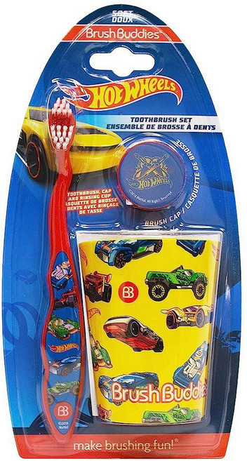 Brush Buddies Hot Wheels 아동용 칫솔 키트 수동 칫솔 아동용 유아 칫솔 만 2세 이상 여행용 칫솔 키트 커버 및 컵 포함 3피스 부드러운 칫솔모 소형 헤드, Brush Buddies Hot Wheels 아동용 칫