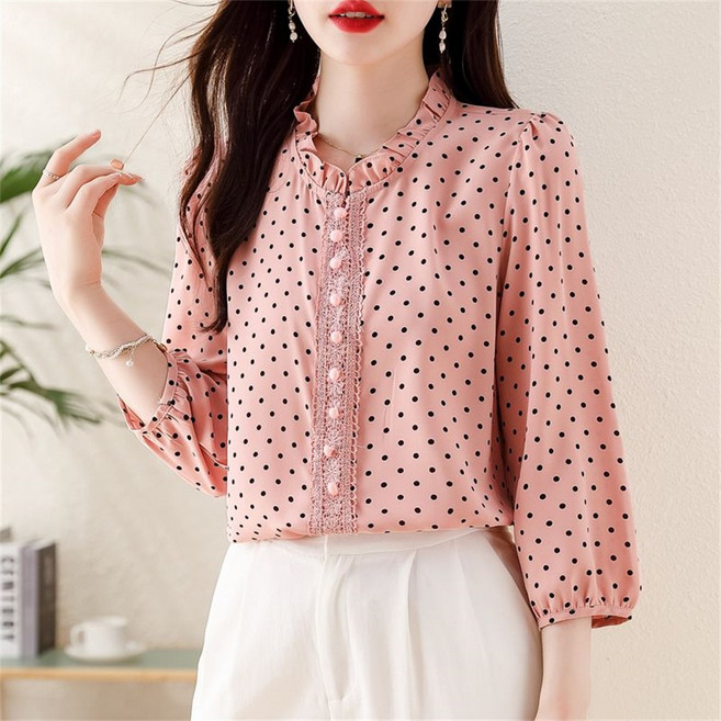 TKX 여성용 봄 가을 긴팔 쉬폰 블라우스 세련된 도트 무늬 프릴 칼라 패션 레이스 디테일 KZ35