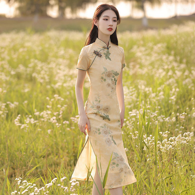 DIU 新款夏季改良旗袍女裝復古中國風中長款印花短袖淑女連衣裙, M