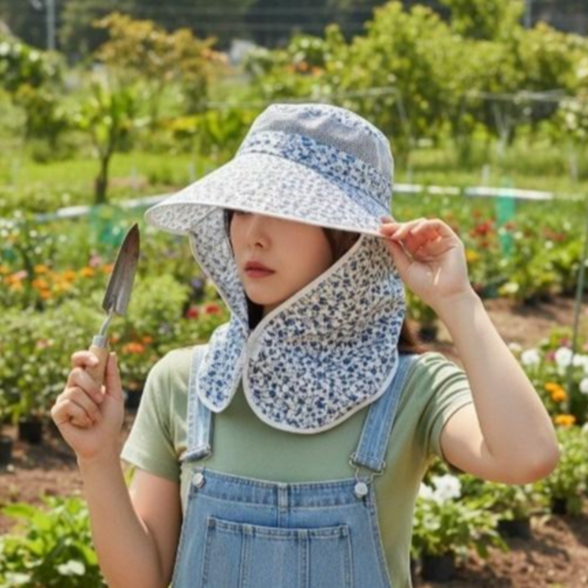 야외작업용 자외선 차단 꽃무늬 햇빛가리개 모자
