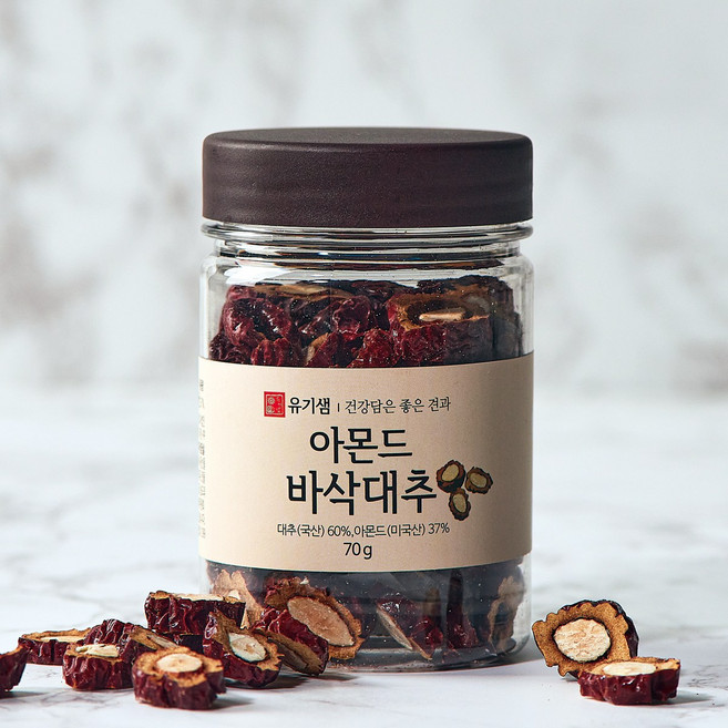 대추 아몬드 바삭대추 하루견과 간식 야식 안주 학교 학원 공부 미팅 데이트 캠핑 등산 낚시 여행 펜션 가족 친구 애인 할머니 부모님 아이들 학원빵 과일 견과류 여친 당충전 파티, 70g, 1개