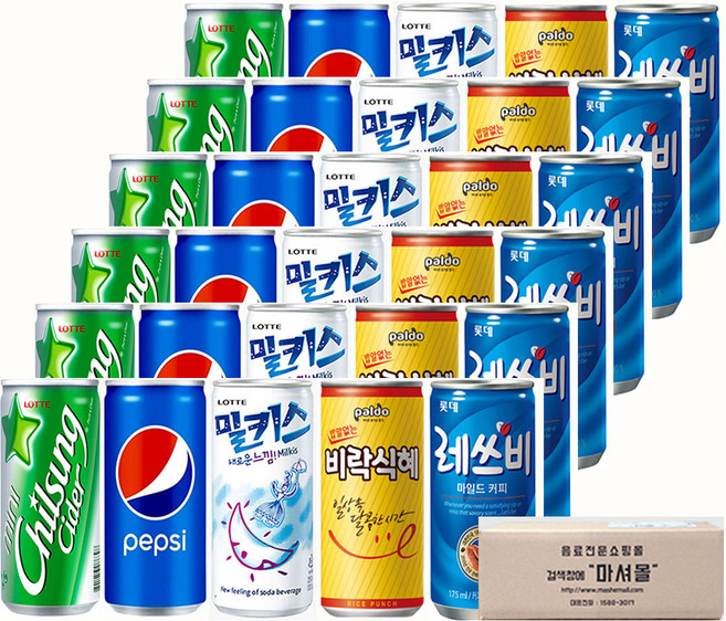 마셔몰 미니캔 혼합세트 5가지맛 각6캔씩 칠성사이다 밀키스 펩시콜라 레쓰비 비락식혜, 60개, 175ml