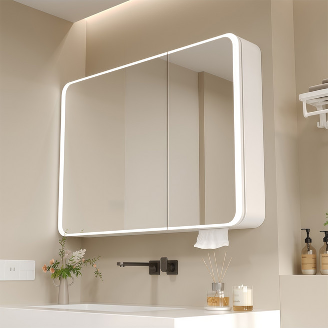 YAPOGI 스마트 카본히팅 자동제습 거울 욕실수납장, 화이트 A, 1세트