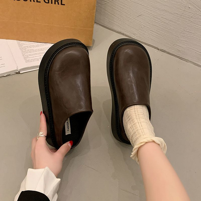 여성 보켄슈즈 슬리퍼 외출용 여성 두꺼운 바닥 레트로 반 슬리퍼 편안한 스타일 JXH