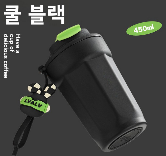 316 스테인리스 스틸 남녀 공용 고급스럽고 귀여운 휴대용 대용량 커피컵 보온컵, 450ml(세라믹 내부), 멋진 검은색 토끼