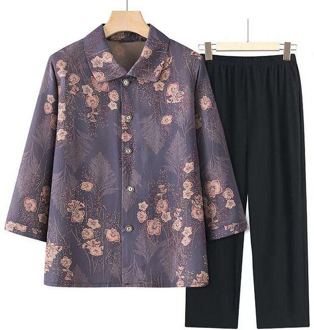 여성 중장년 고급 넥카라 7부 셔츠 + 블랙 밴딩 바지 세트