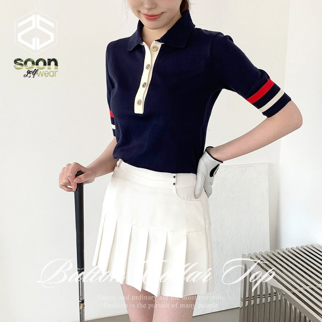 [순이야] S.골프 여성 배색 줄무늬 카라 버튼 반팔 니트