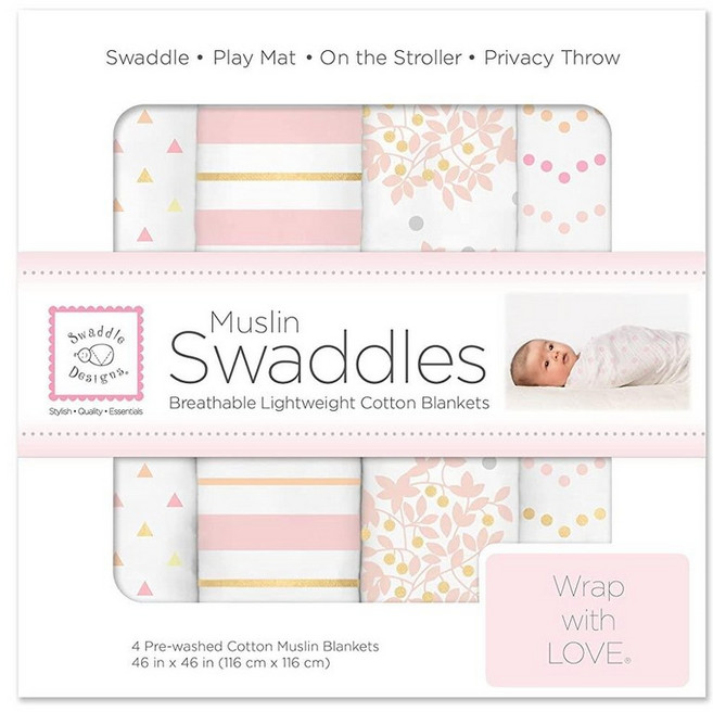 SwaddleDesigns 면 모슬린 포대기 담요 4개 세트 남아 및 여아용 속싸개 담요 최고의 샤워 선물 116.8 x 116.8cm(46 x 46인치) 핑크 플로럴