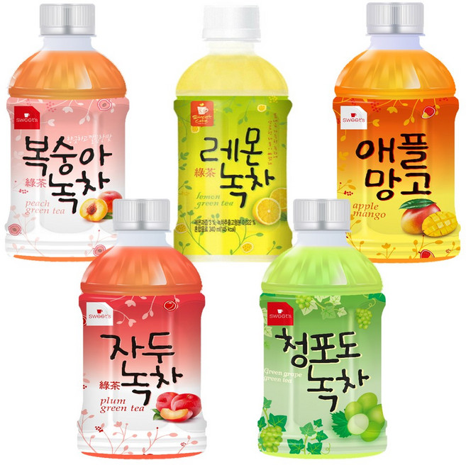 웰그린 복숭아녹차 레몬녹차 애플망고 자두녹차 청포도녹차 340ml 5종 4개씩, 20개