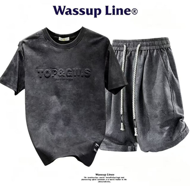 Wassup Line 潮牌美式扎染休閒短袖短褲套裝 夏季男裝, 1個, 黑色鋼印短袖+深灰色短褲【一整套】3XL 推薦150-170斤