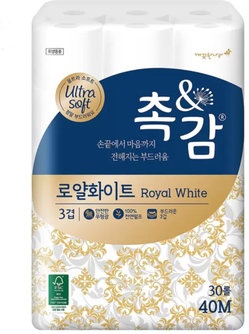 깨끗한 나라 촉앤감 로얄화이트화장지 40mx30롤x1팩 롤휴지, 40m, 30롤, 1세트