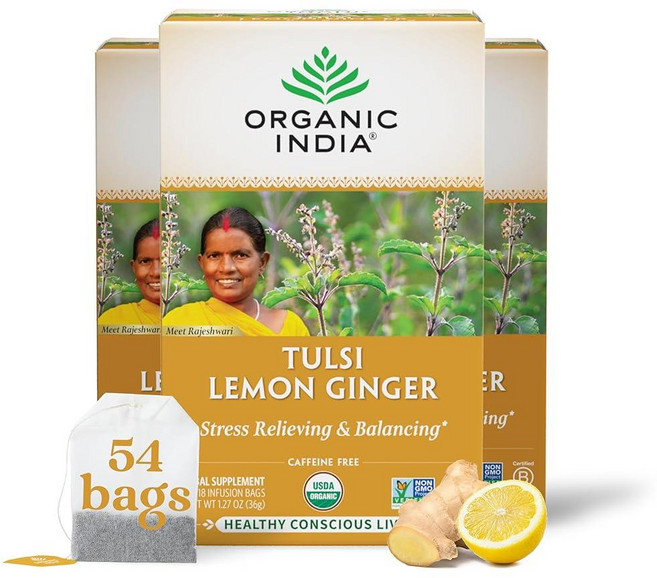 Organic India Tulsi 레몬 진저 허브 티 - 스트레스 완화 및 재생 면역 지원 소화 보조 비건 USDA 인증 유기농 GMO 프리 카페인 프리 - 주입, 36g