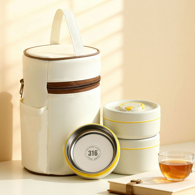SEVOREN 316 스테인리스 보온도시락통 전자레인지 적용 2단 3단 수능 직장인 보온도시락 휴대용가방 포함, 1개, 1480ML 3단 베이지
