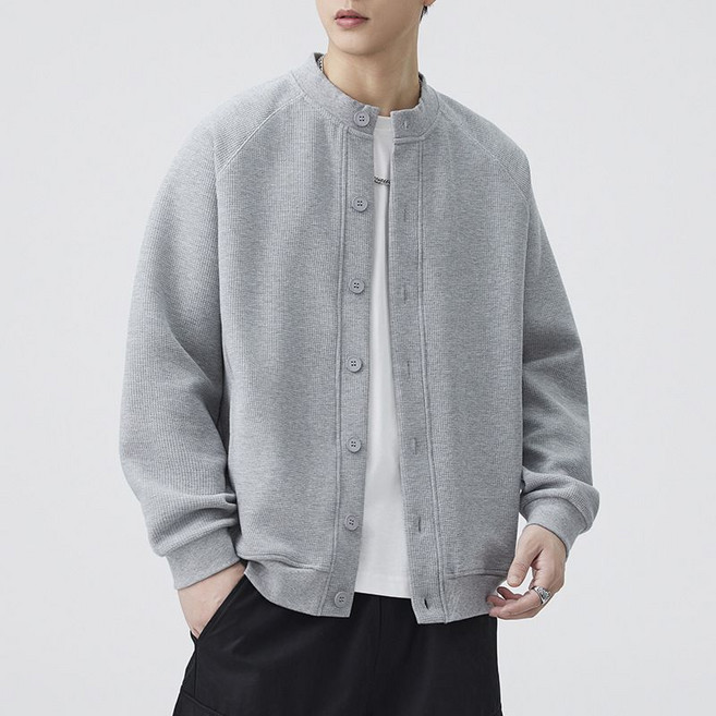 HOMASS 봄 가을 남성 와플 맨투맨 가디건 캐주얼 아우터