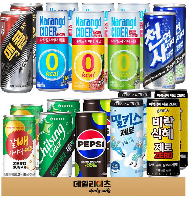 [데일리이츠] 제로칼로리 음료 소캔 10종류 2개씩 총 20개 믹스세트 (펩시제로 칠성사이다제로 나랑드사이다제로 밀키스제로 갈배사이다제로 비락식혜제로 등), 1세트, 250ml
