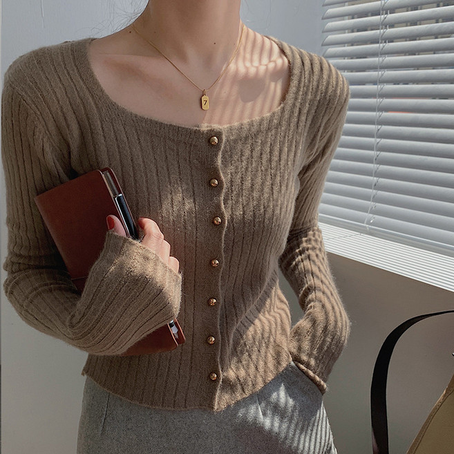 무드베이지 여성 레트로 슬림 골지 골드 버튼 가디건