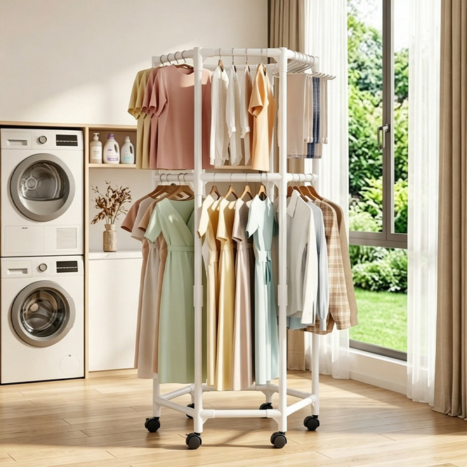 이동식 행거 360도 회전 이동식 베란다 빨래 건조대 다용도 옷걸이 심풀 행거, 흰색