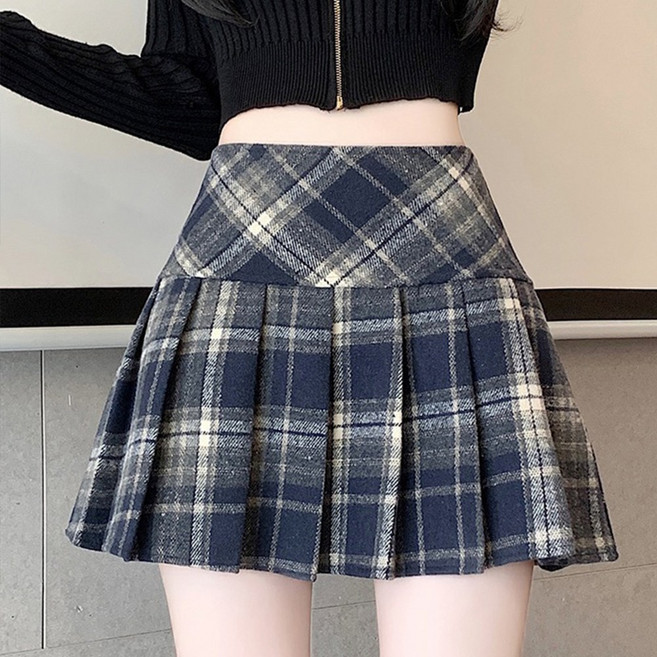 cammello 로맨틱 A라인 체크패턴 플리츠 미니스커트 가을 겨울 짧은 치마