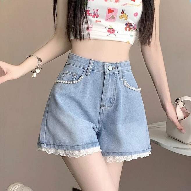 슬림소녀 여성용 여름 하이웨스트 미니 데님 청반바지 와이드 A라인 레이스 핫팬츠