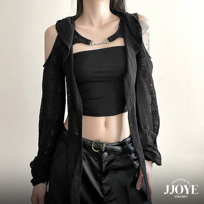 쪼예 걸크러쉬 힙무드 오프숄더 후드 크롭 볼레로 티셔츠