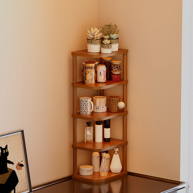 정싱 다용도 코너 선반 인테리어 수납 다용도 틈새 선반장 대나무 코너형 선반, 5단, 갈색