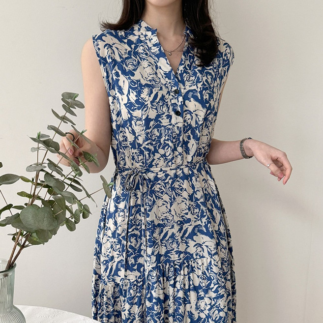 데일리앤 시그널 반팔 민소매 2type 여름 차이나카라 플라워 헨리넥 스트링 허리끈 투웨이 캉캉 롱 바캉스룩 원피스
