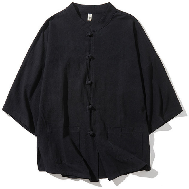 【新中式國風】亞麻襯衫 男式襯衫 短袖襯衫 夏季襯衫 休閒襯衫 立領盤扣 寬鬆薄款 純色百搭 透氣舒適