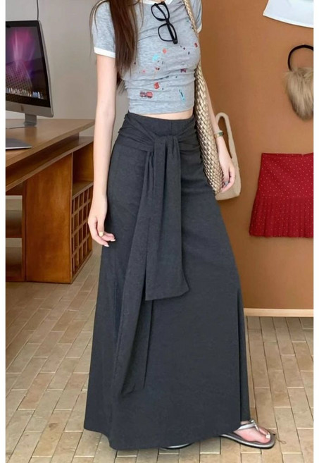 新款設計感純色綁帶垂感高腰顯瘦長裙