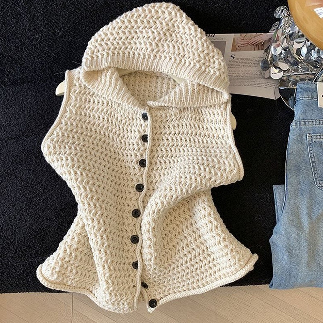 ORZQU 봄 여성 루즈핏 펀칭 민소매 니트 나시 캐주얼 후드 조끼