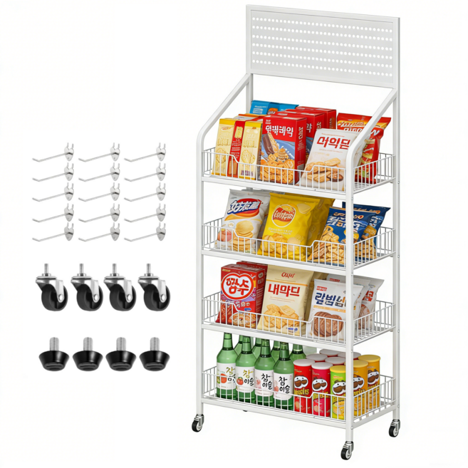 리빙가감법 철제 이동식 4단 간식 선반 스낵 디스플레이 랙 소매점 마켓 스탠드 발매트 및 후크 15개가 있는 다용도 수납선반, 1개, 화이트