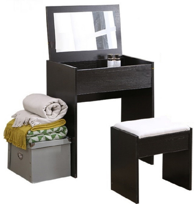 彬彬小舖 化妝收納桌椅組 翻蓋式鏡面設計, 黑胡桃, 1個, 黑胡桃