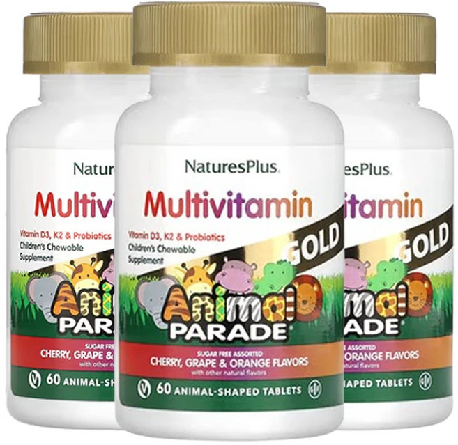 Nature's Plus 네이처스 플러스 에니멀 퍼레이드 골드 어린이용 멀티비타민 미네랄 츄어블, 3개, 60정 - 쿠팡