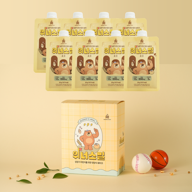 위너스밀 키즈 아침 식사용 단백질 쉐이크 파우치 초코 단백질 칼슘 식이섬유 비타민, 8개, 30g