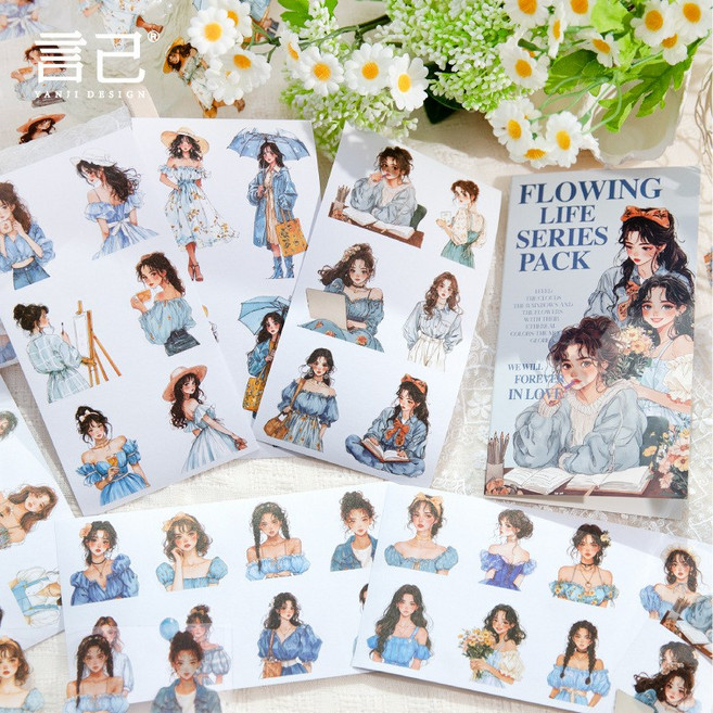 올리브파티 플로잉라이프 시리즈 소녀 인물 빈티지 다꾸 감성 스티커북 세트, 2개, 그린+퍼플