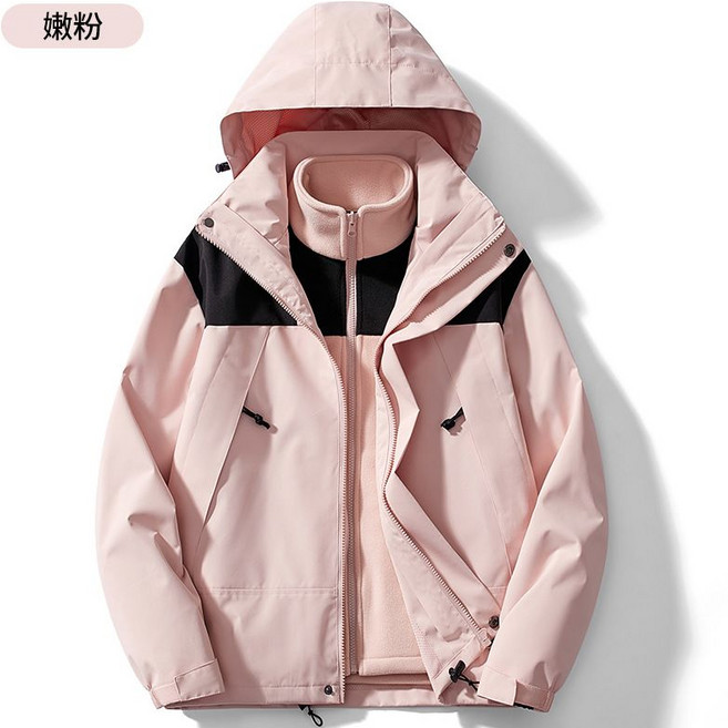 男女三合一防風防水可拆卸搖粒絨內膽戶外登山服, 1個, 嫩粉色 兩件套L
