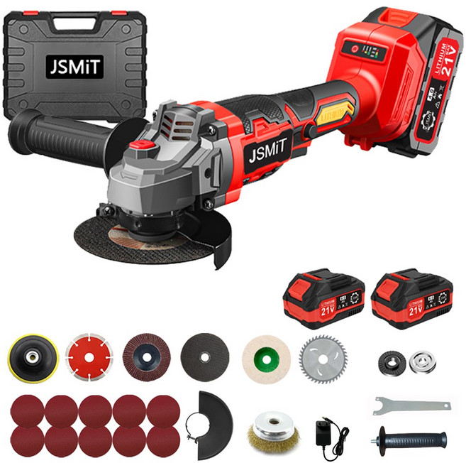 JSMiT 전기 무선 충전 연삭기 연마 절단 고급 브러시리스 모터 하이 엔드 21V 무선 4인치 핸드 그라인더 풀세트 (3 가지 모드 조정) +공구상자+4000mAh배터리x2, 1세트