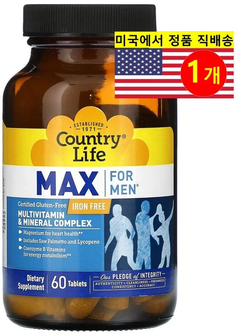 Country Life 컨츄리라이프 맥스 포 멘 멀티비타민 앤 미네랄 콤플렉스 60입 2개, 1개, 60정 - 쿠팡
