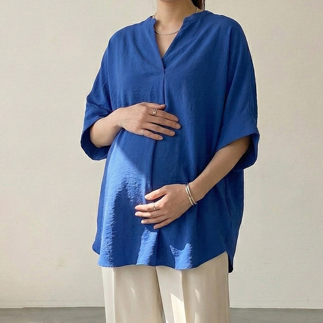 [당일출고] 수엠W 임산부 브이넥 블라우스 빅사이즈 루즈핏 여름 임부복 셔츠 P08 하이드BL