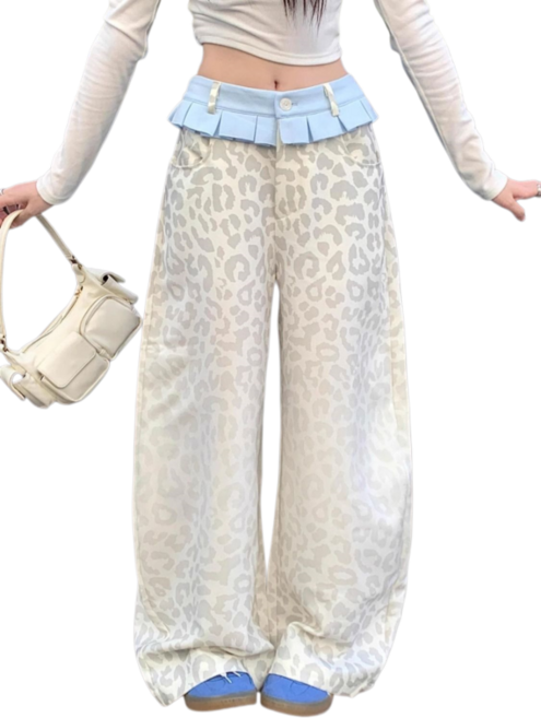 Makone 여성 빈티지 바지 허리단 플리츠 패치워크 캐주얼 레오파드 세련된 배색 와이드 롱 팬츠