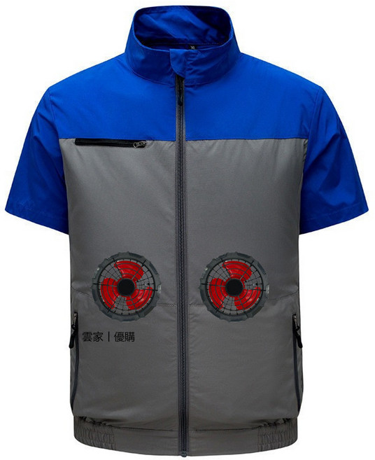 36V 空調服前後四風扇製冷外套, 1個, 藍灰前後四孔款-【只有衣服】,S-M【38-55kg】