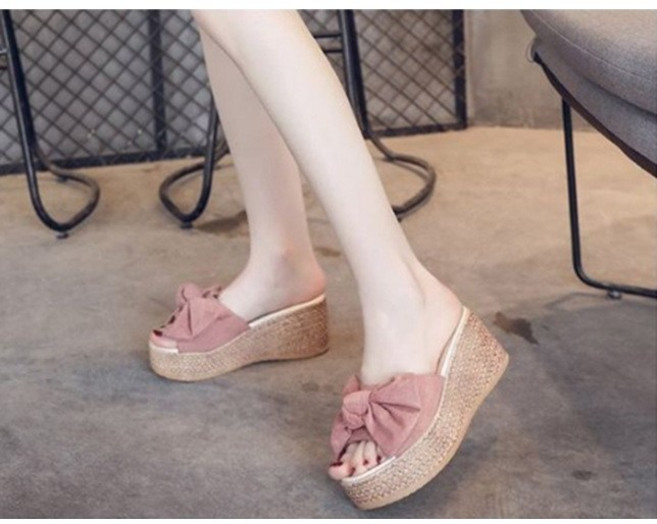 피치멜론 왕리본 통굽 슬리퍼 키높이 7cm