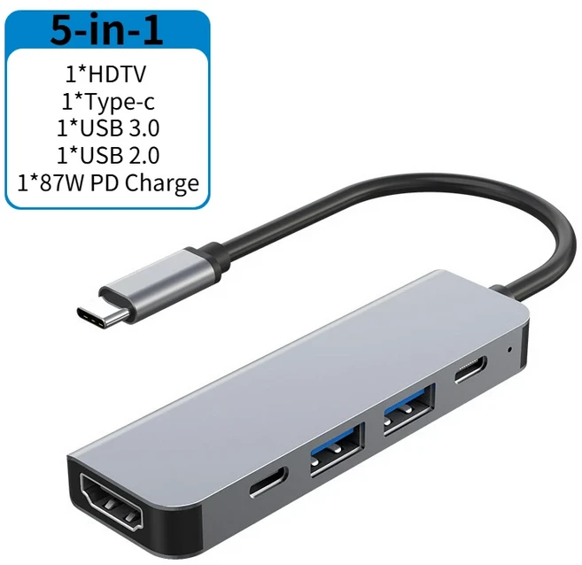 USB C 허브 4K 30Hz 타입 to HDMI 호환 3.0 어댑터 7 in 1 독 PD 87W 스플리터 (맥북 프로에어용), 1개, 02 5-in-1